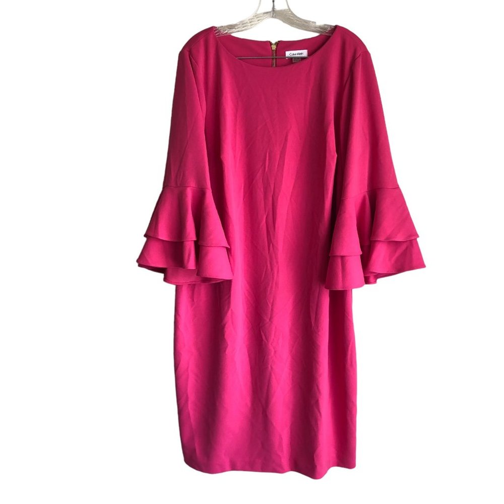 Calvin Klein Women's Midi Dress Plus 18W Pink Zip Up Bell Sleeve Stretch